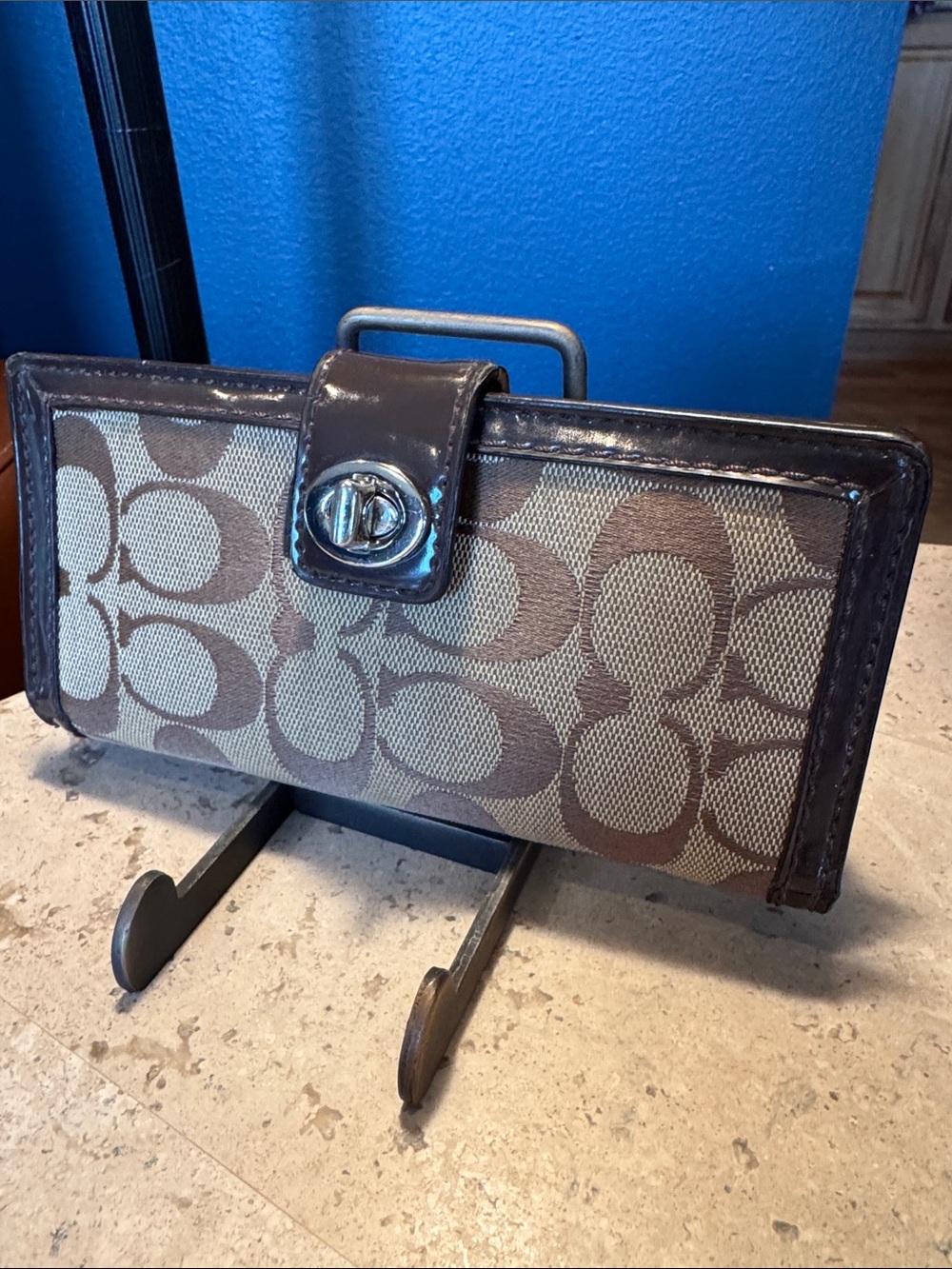 Coach Brown Signature Canvas Turnlock Wallet
